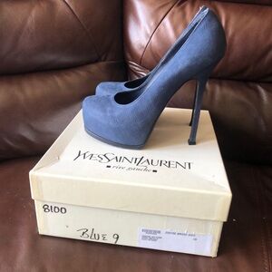 Auth Yves Saint Laurent heel platform navy blue suede pumps, size 39.